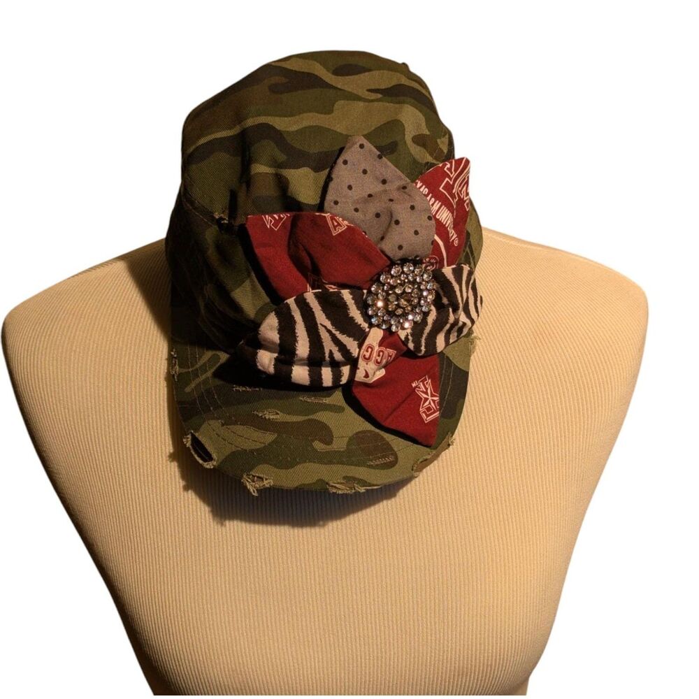 KBETHOS Camo Cadet Hat Distressed Fabric Flower Rhinestone Texas A&M